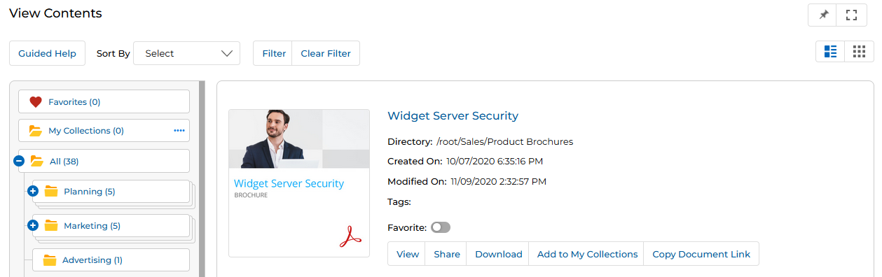 View Contents showing My Collections (0) in tree, Widget Server Security listing with Add to My Collections button highlighted