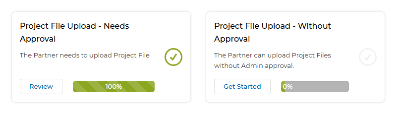 Partner Orientation level — Project File Upload – Needs Approval (Review/100%/green tick) alongside Project File Upload – Without Approval (Get Started/0%)