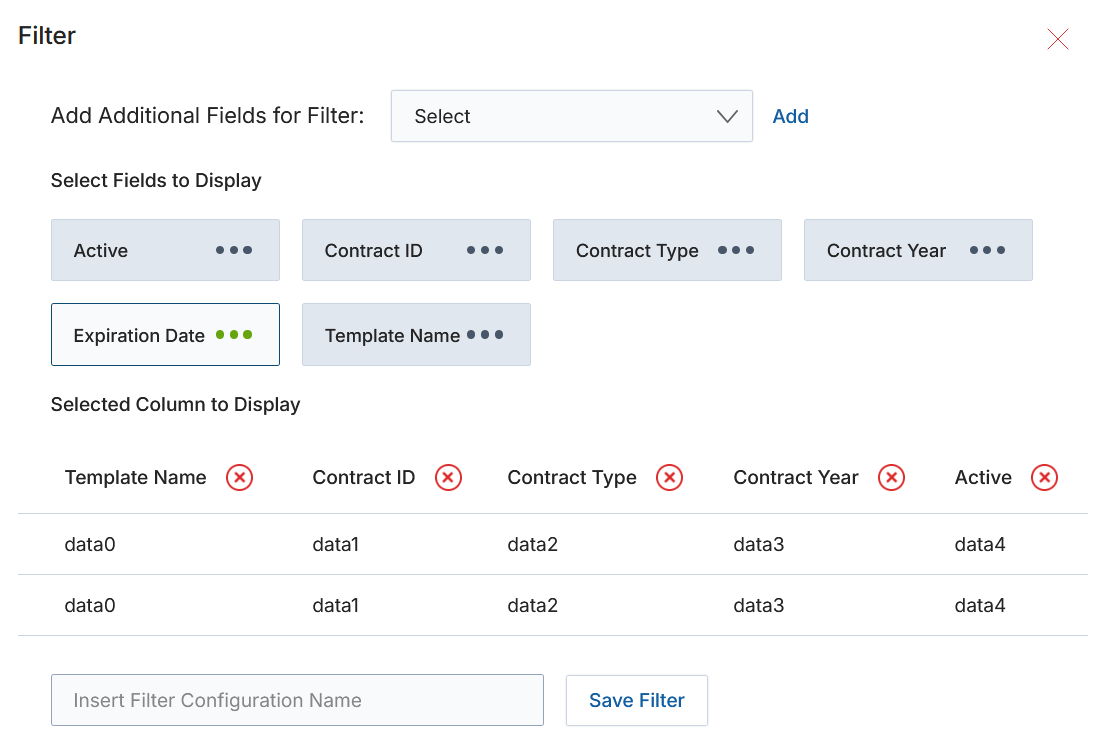 Create New View — Filter panel with field selection chips and Save Filter option