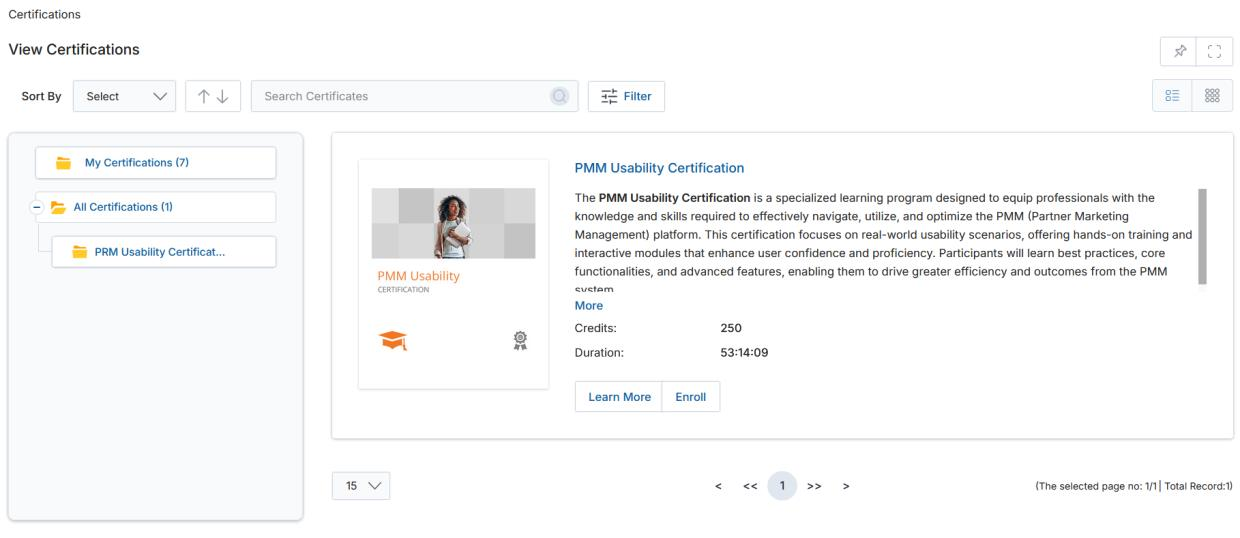 View Certifications list showing PMM Usability Certification with credits and duration