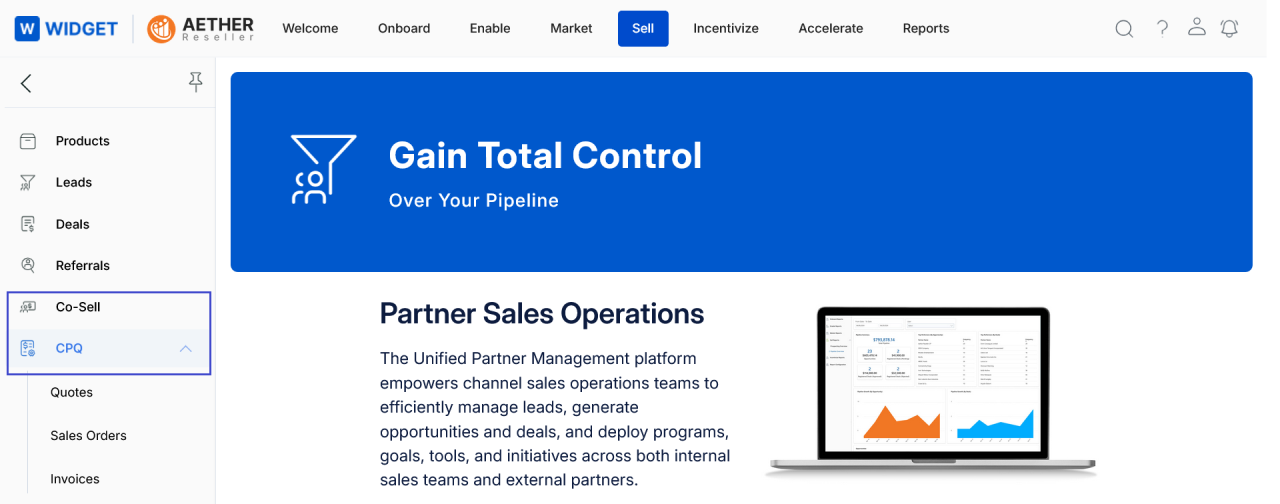 Sell navigation with CPQ expanded showing Quotes, Sales Orders, and Invoices sub-items