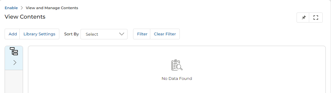 View Contents with Category Tree fully collapsed showing only the tree icon and a No Data Found message in the content area
