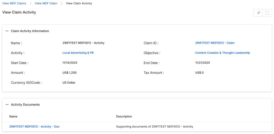 View Claim Activity page showing Claim Activity Information section and Activity Documents related list