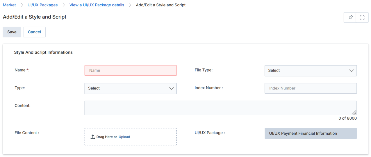 View a UI/UX Package details page showing UIUX Package Information (Name, Default For Portal Pages) and Styles, Scripts And Images related list with Add button and PaymentFinancialInformation script and CSS entries