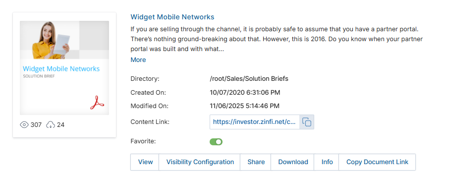 Content library with Favorites (2) highlighted in the category tree and Favorite toggle enabled on a document