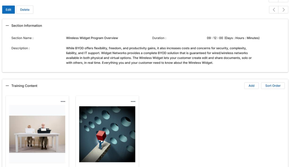 View Section details page showing Section Information with name and duration, and Training Content section with two material thumbnails