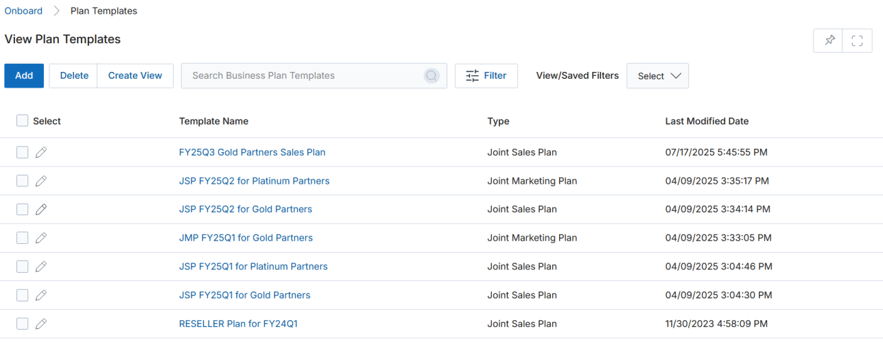 View a Plan Template — showing Plan Template Information, Plan Objective(s) related list, Partner Plans related list, and Business Plan Template Assignment History