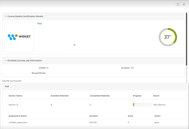 Course details panel within certification showing curriculum and progress donut