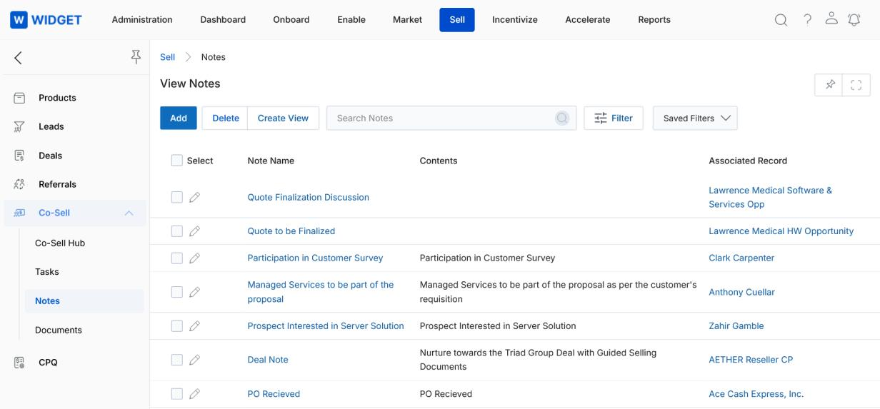 View Notes — listing with Note Name, Contents, Associated Record columns; rows include Quote Finalization Discussion, Quote to be Finalized, Participation in Customer Survey, Managed Services to be part of the proposal, Prospect Interested in Server Solution, Deal Note (AETHER Reseller CP), PO Received (Ace Cash Express, Inc.)