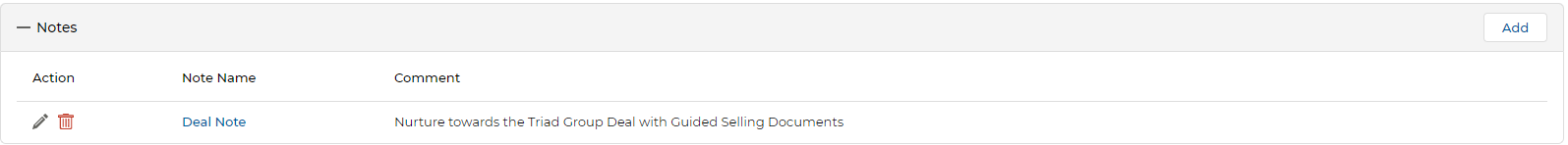 Notes sub-table — Note Name and Comment columns with Add button