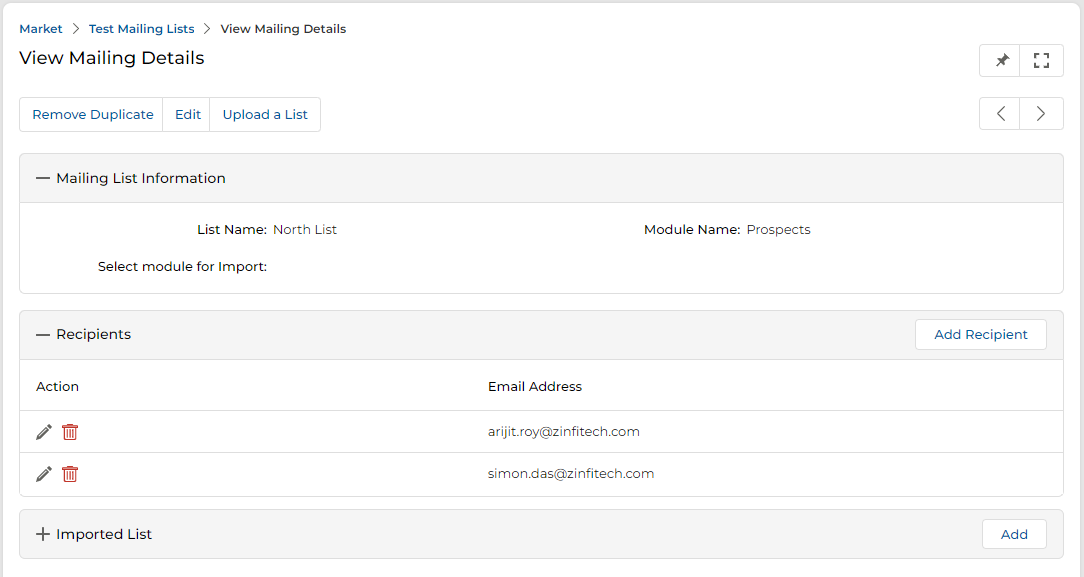 View Test Mailing Lists page showing Delete button, Search News Letter Subscriber Category field, Filter, View/Saved Filters and Select controls. Table columns: Select, List Name, Module Name, No of Recipients. Rows: Add1 (Prospects, 0), North List (Prospects, 2), TestList19A (Prospects, 1), TestList (Prospects, 1). Pagination shows 10 per page, Total Record: 4.