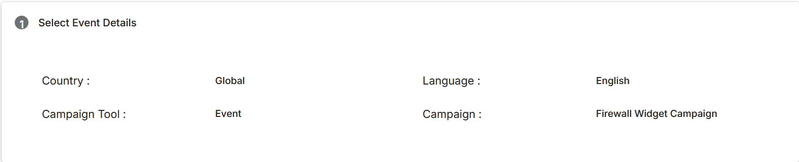 Step 1 — Select Event Details section showing Country, Language, Campaign Tool, and Campaign