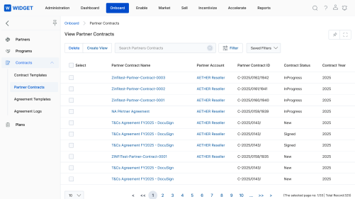 Partner Contracts Management flow — OEM creates templates, assigns to groups and accounts, partners sign via DocuSign or manual upload