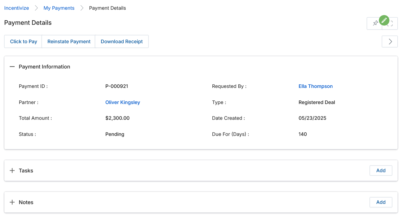 Payment Details page showing Click to Pay, Reinstate Payment, and Download Receipt buttons, Payment Information section with all fields, and expandable Tasks and Notes sections