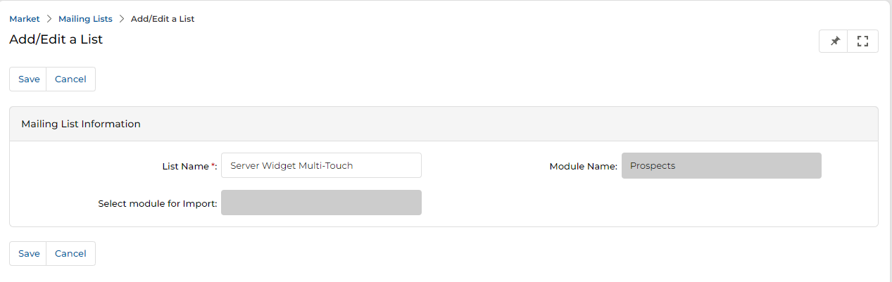 View Mailing Details page for Server Widget Multi-Touch list showing Remove Duplicate, Edit and Upload a List action buttons; Mailing List Information section (List Name: Server Widget Multi-Touch, Module Name: Prospects, Select module for Import); Recipients section with View All and Add Recipient buttons listing five email addresses; and Imported List section with Add button
