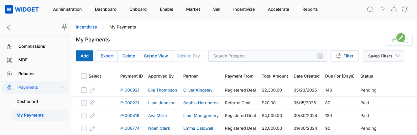 My Payments list page showing Payment ID, Approved By, Partner, Payment From, Total Amount, Date Created, Due For Days, and Status columns with four sample records