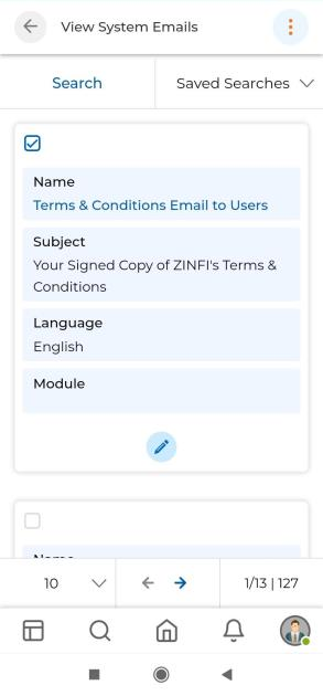 System Email detail page showing System Email Name, Language, Subject, Mail From, Mail To, CC, Bcc, Active fields