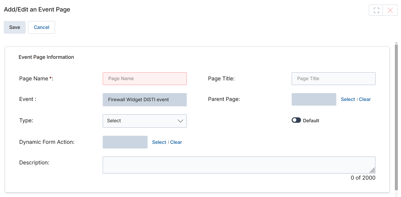 Add/Edit an Event Page modal — fields for Page Name, Page Title, Event, Parent Page, Type, Default, Dynamic Form Action, and Description