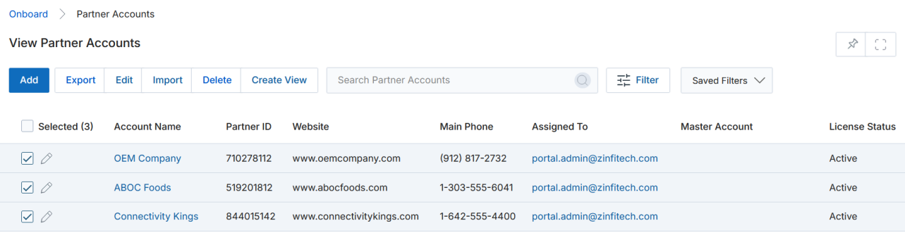 View Partner Accounts list showing Account Name, Partner ID, Website, Main Phone, Assigned To, Master Account, and License Status columns