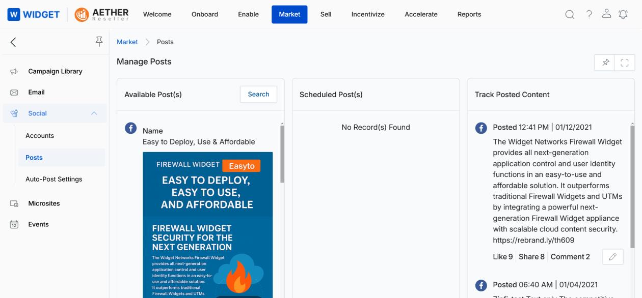 Manage Posts page — Available Post(s), Scheduled Post(s), and Track Posted Content panels