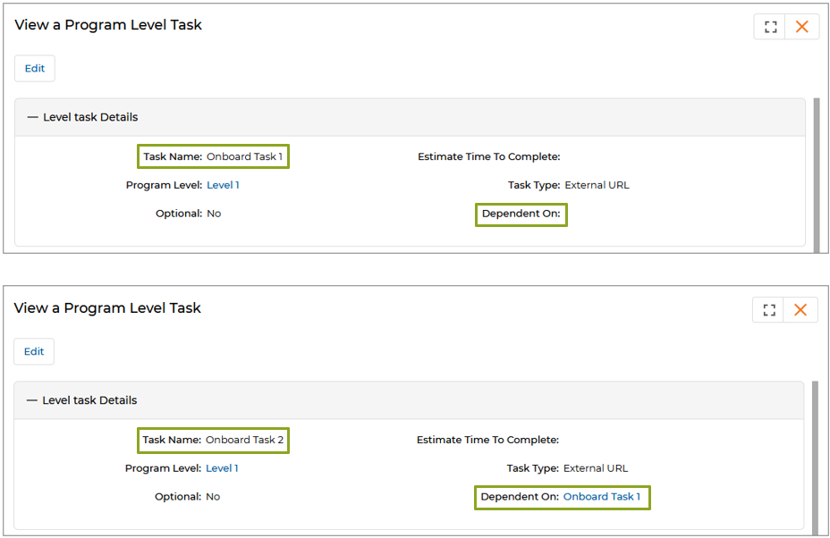 Onboard Task 1 — Level Task Details with empty Dependent On field