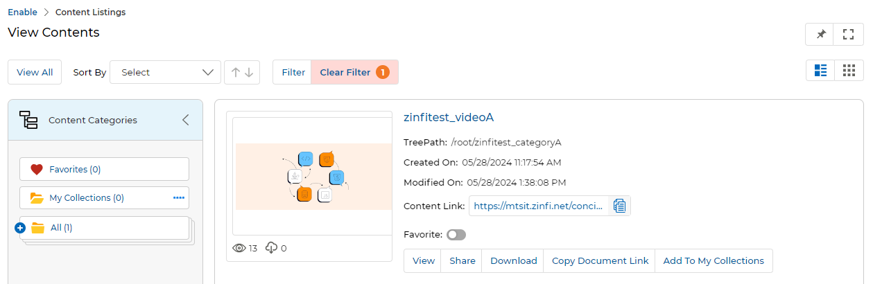 View Contents showing zinfitest_videoA as the only result with Clear Filter 1 badge, TreePath /root/zinfitest_categoryA