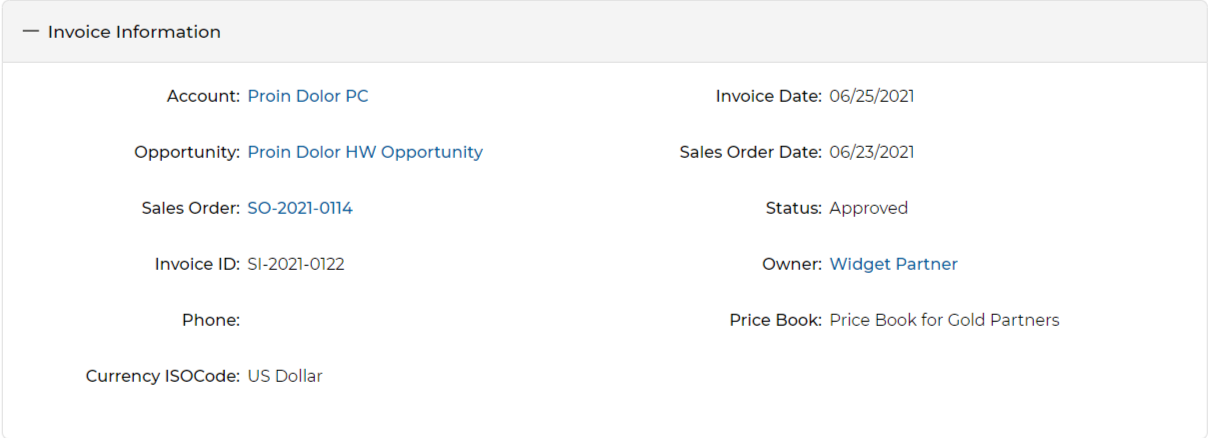 Invoice Information section showing Account, Invoice Date, Opportunity, Sales Order Date, Sales Order, Status, Invoice ID, Owner, Phone, Price Book, and Currency ISOCode
