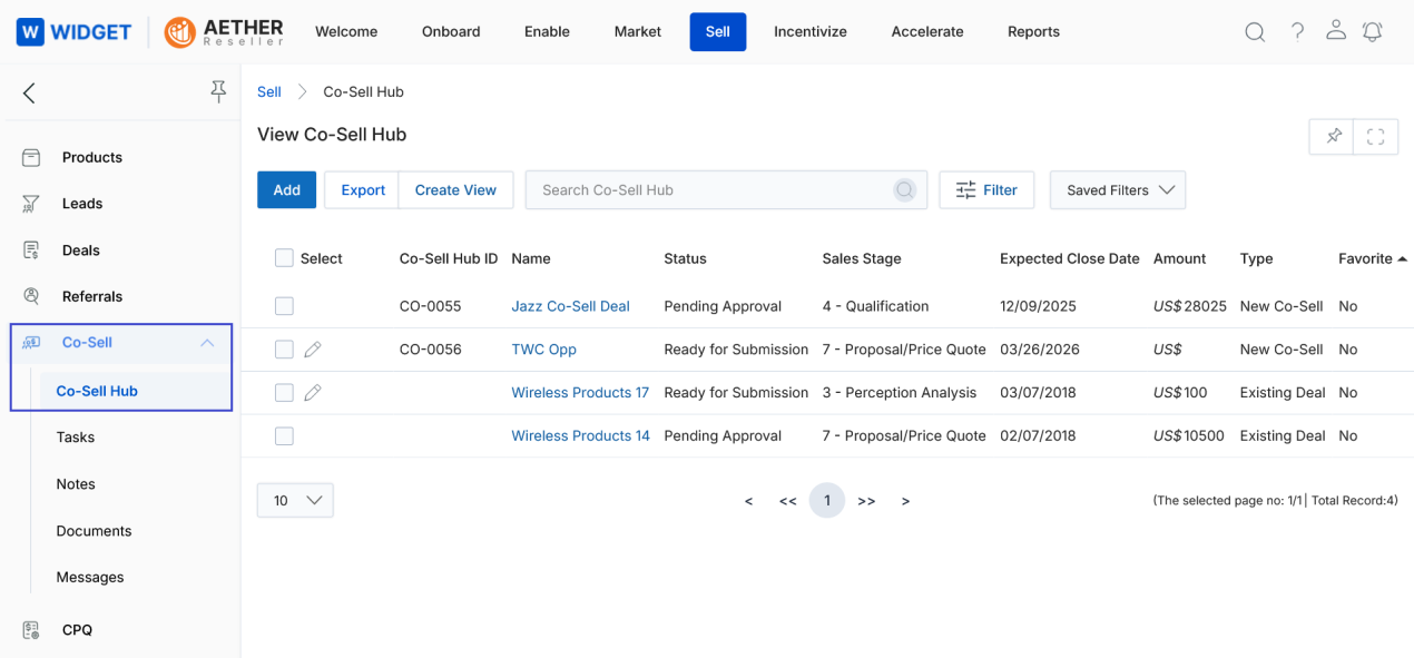 View Co-Sell Hub list — Co-Sell Hub ID, Name, Status, Sales Stage, Expected Close Date, Amount, Type, Favorite