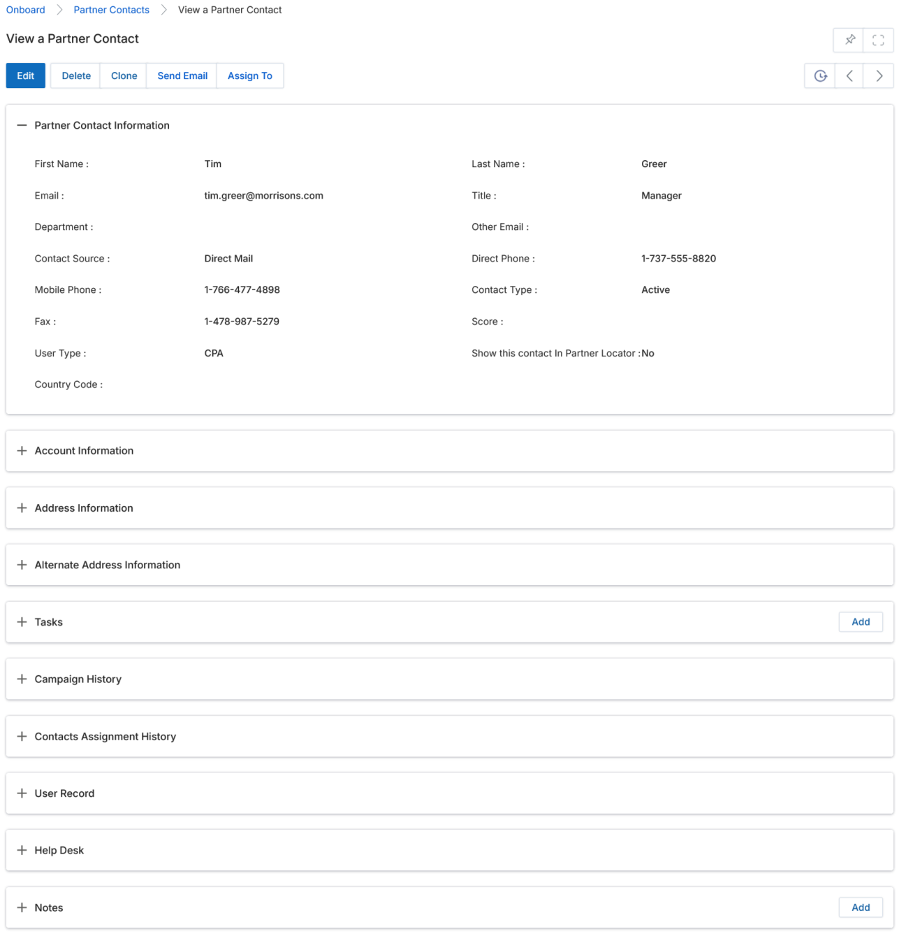 View a Partner Contact detail page showing Partner Contact Information, Account Information, Address sections, Tasks, Campaign History, Contacts Assignment History, User Record, Help Desk, and Notes