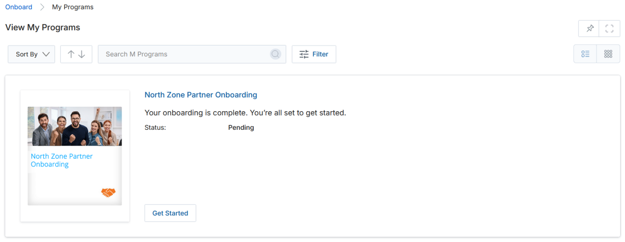 View My Programs — North Zone Partner Onboarding program; Status: Pending; Get Started button