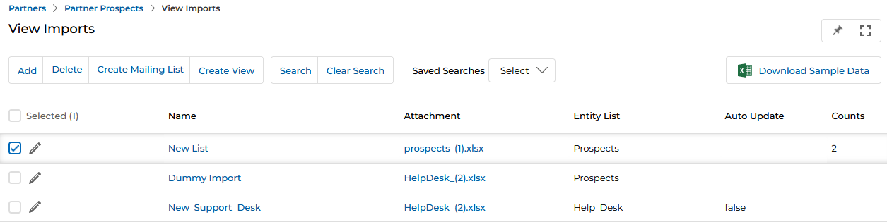 Mailing List popup with Add to an Existing List and Add a List tabs, a search field, and a checklist of mailing lists: Test List10, New List1, New List, TestList1, TestList (checked), Prospect List 1, with Close button