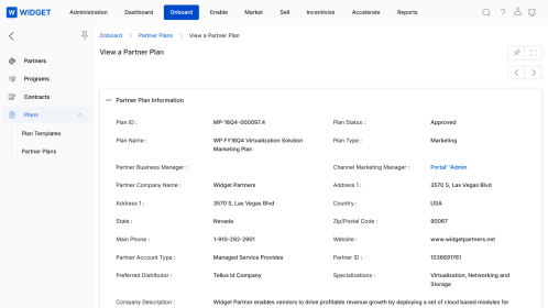 View a Partner Plan — showing partner plan information with Plan ID, Plan Status, Plan Type, and company details
