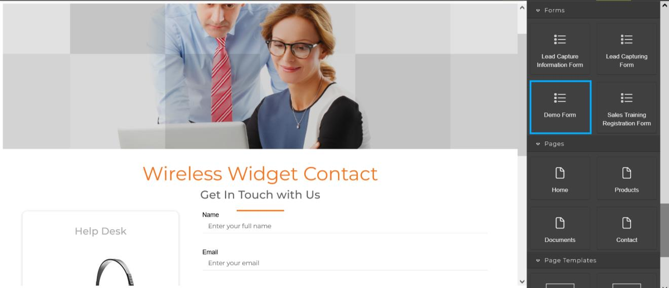 CMS Editor — Contact page selected in the Pages panel (lower-right), showing the Wireless Widget Campaign layout ready for form integration