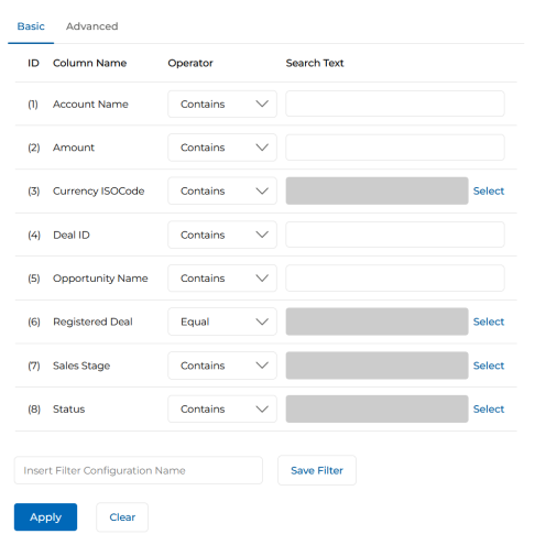 Opportunity search filter — Account Name, Amount, Currency, Deal ID, Sales Stage, Status