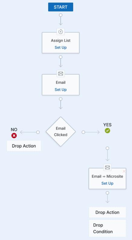 Flow canvas showing the YES branch now containing an Email → Microsite (Set Up) node