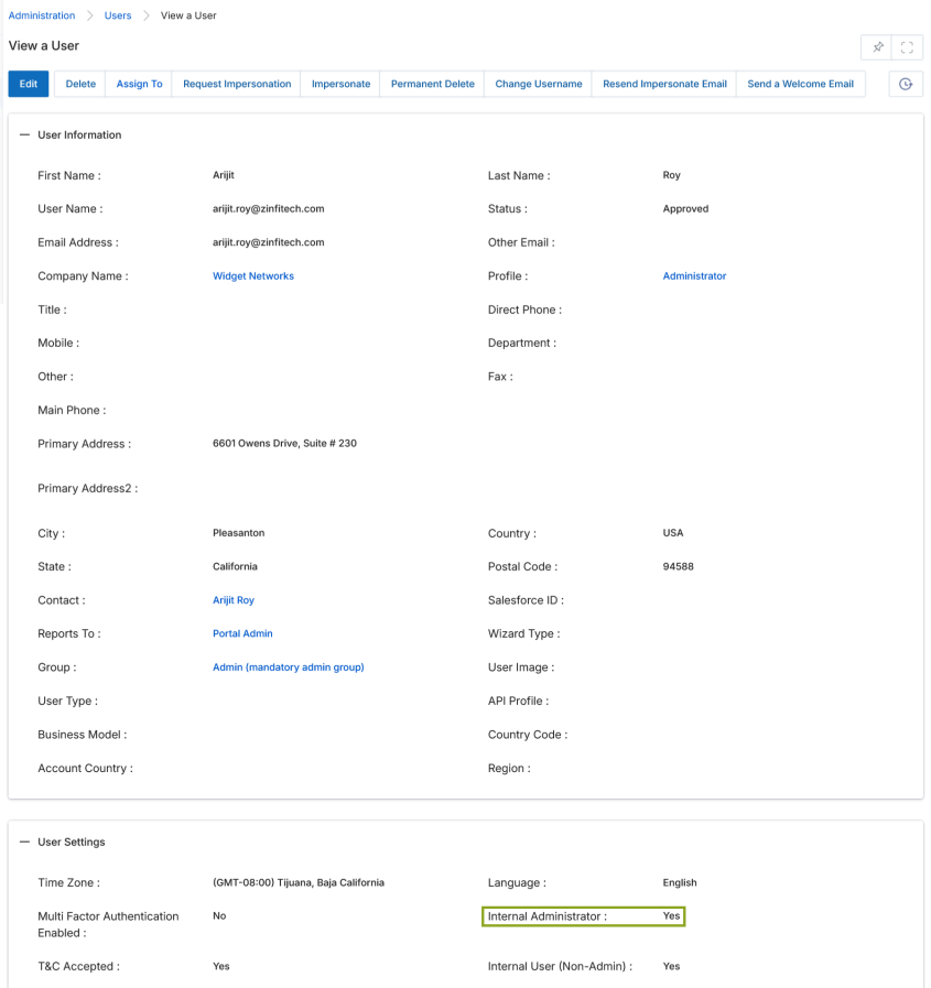 View a User — User Settings section showing Internal Administrator Enabled: Yes
