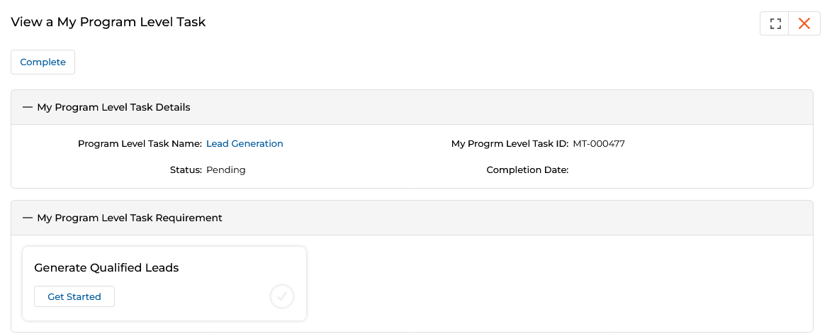 View a My Program Level Task — Lead Generation task; Status: Pending; My Program Level Task Requirement: Generate Qualified Leads (Get Started)