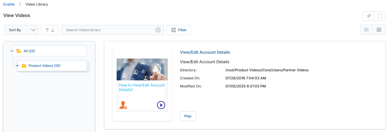View Videos listing showing View Edit Account Details video name link highlighted in blue for clicking