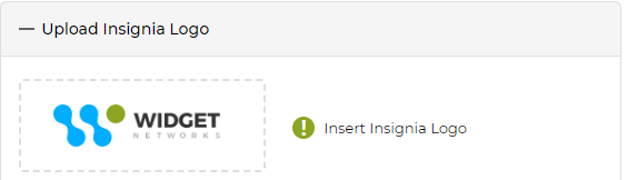 Upload Insignia Logo section showing Widget Networks logo pre-populated by admin