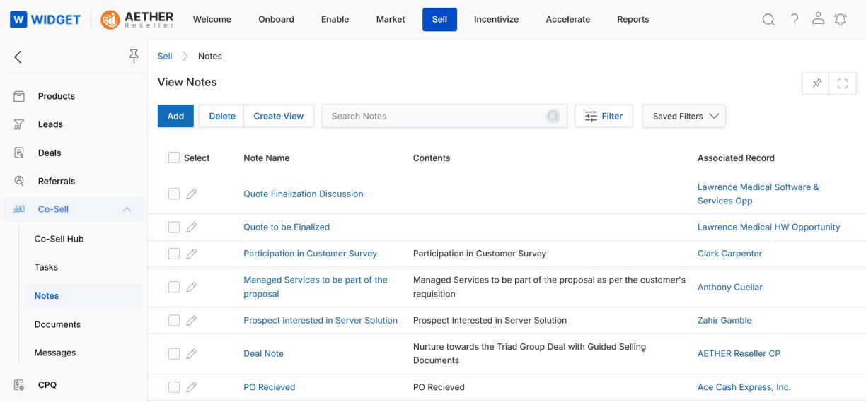 View Notes list — Note Name, Contents, and Associated Record columns