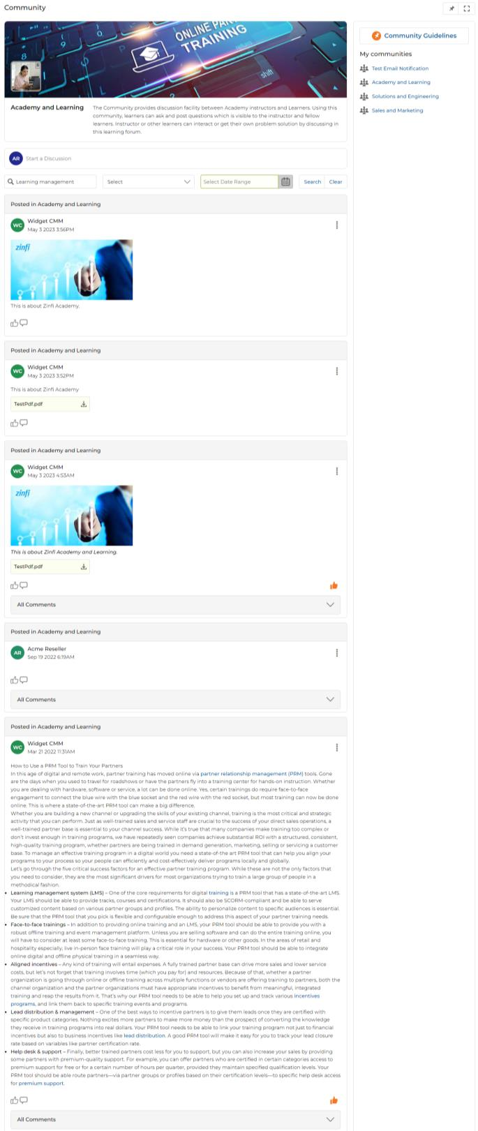 Community page with Search Post field, Select dropdown, date range filter, and Search/Clear buttons