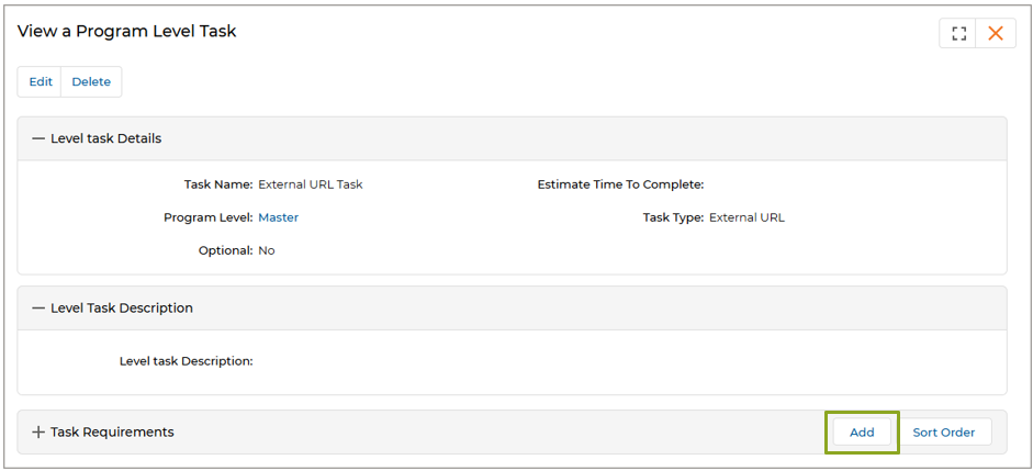 Add/Edit a Task Requirement — External URL with Action Link and Approval Required fields