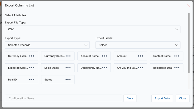 Export Opportunities — field selection including Currency, Account Name, Amount, Sales Stage, Deal ID