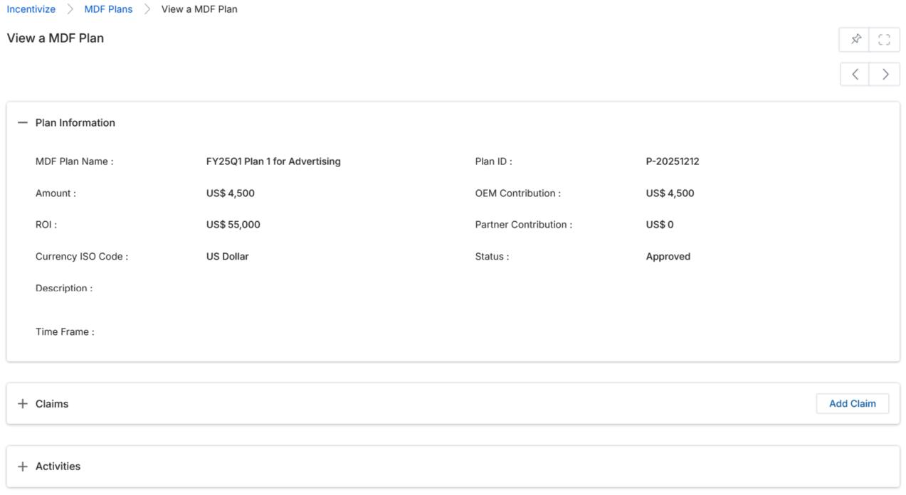 View a MDF Plan — full detail page showing Plan Information, Claims (with Add Claim button), and Activities collapsed sections