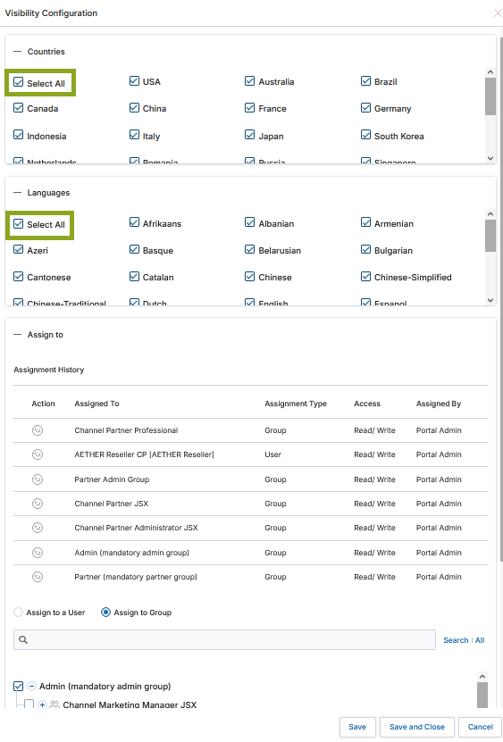 Visibility Configuration popup showing Countries and Languages with Select All checkboxes and Assignment History table