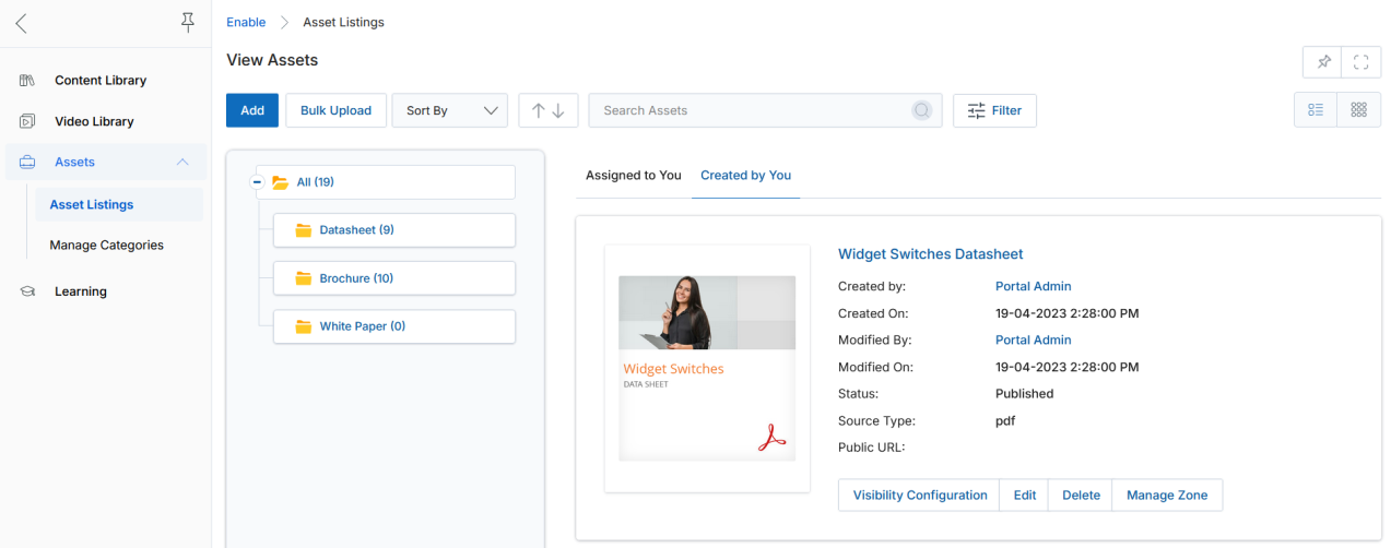 Asset list view showing asset cards with metadata