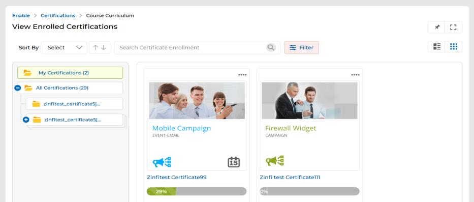 View Enrolled Certifications in Thumb View showing progress bars under certification tiles