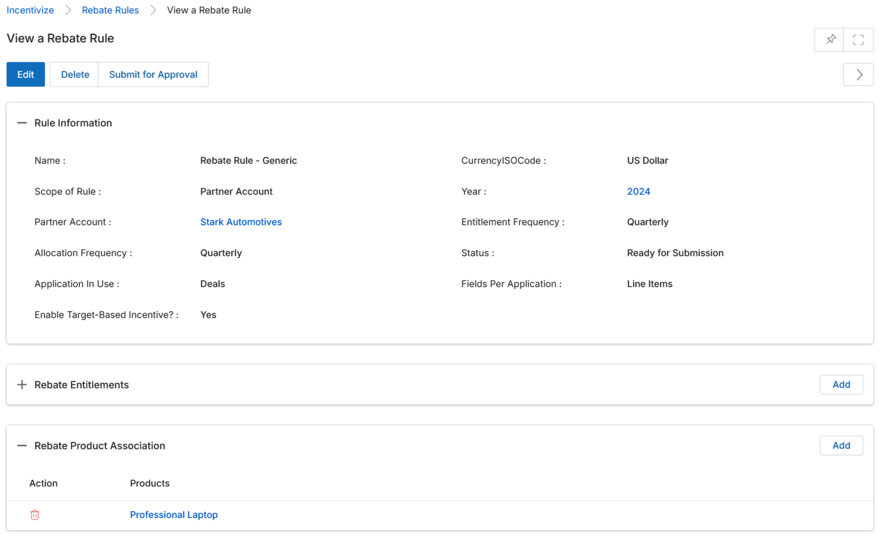 View a Rebate Rule showing the Rebate Product Association table with Professional Laptop listed as an eligible product