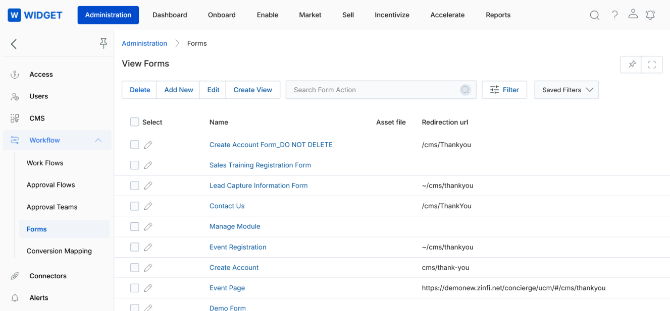 View Showcases — clicking Widget Firewall Syndication to open its detail page for dynamic form integration