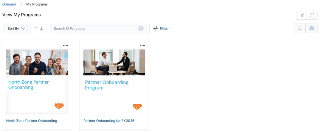Thumb View — enrolled programs as cards; click ⋯ on a card to access Get Started